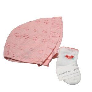 Janie And Jack Eyelet Bonnet and Socks Baby 0-3 Months Prairie Floral Cotton